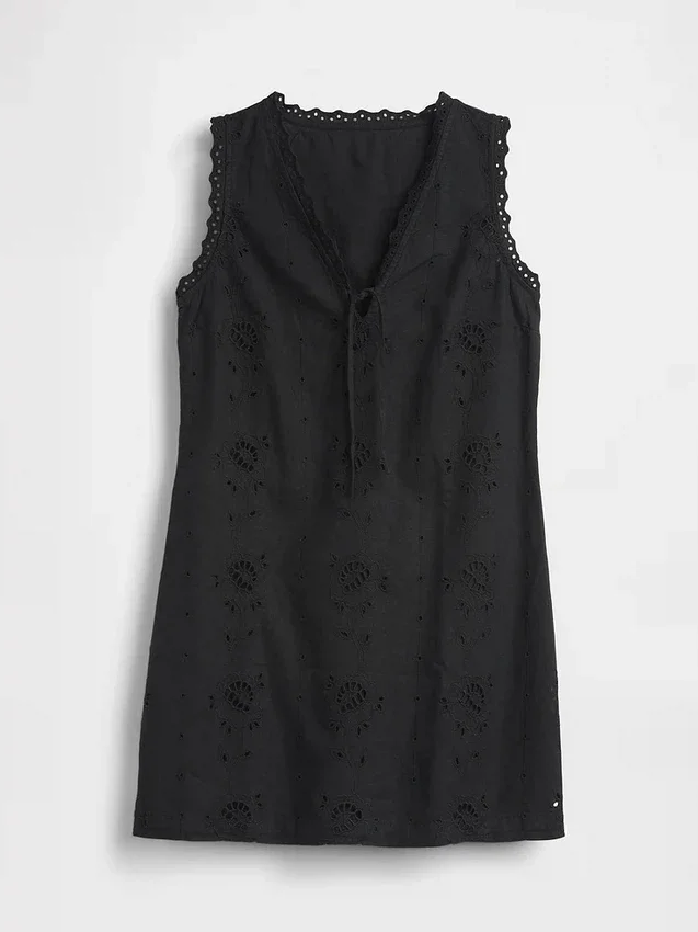 Linen-Blend Embroidered Mini Shift Dress