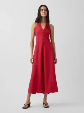 Linen-Blend Halter Maxi Dress