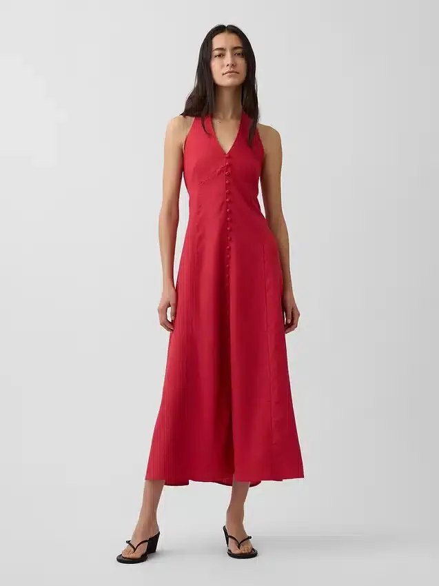 Linen-Blend Halter Maxi Dress