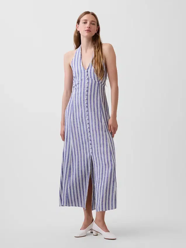Linen-Blend Halter Maxi Dress