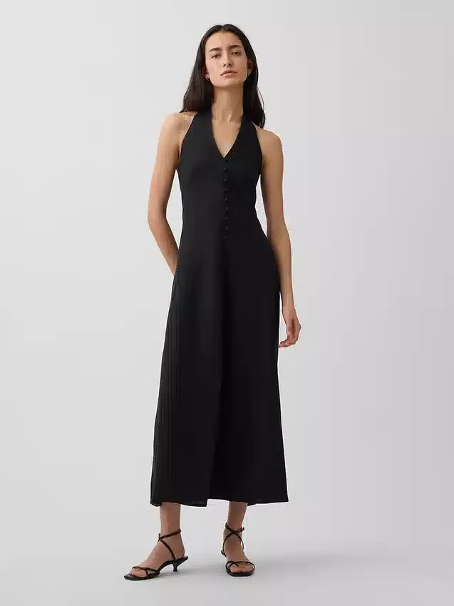 Linen-Blend Halter Maxi Dress