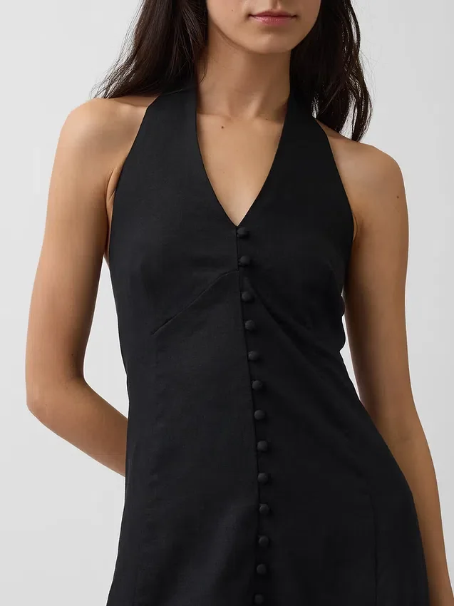 Linen-Blend Halter Maxi Dress