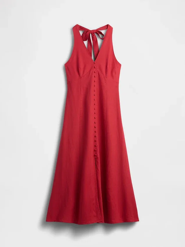 Linen-Blend Halter Maxi Dress