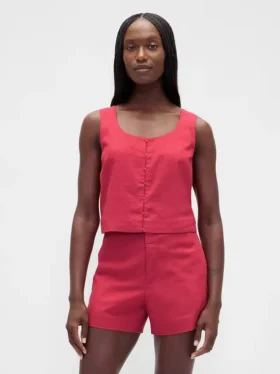 Linen-Blend Hook-Front Crop Shell Top