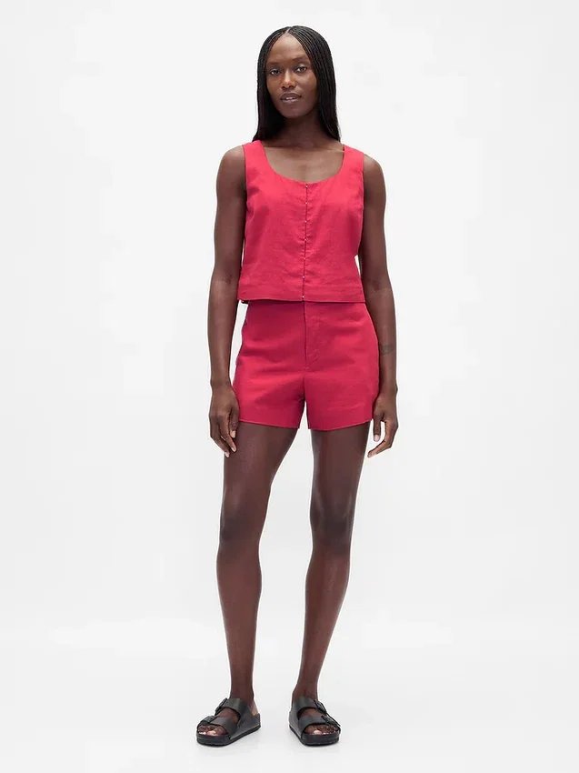 Linen-Blend Hook-Front Crop Shell Top
