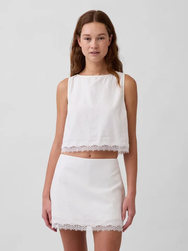 Linen-Blend Lace-Hem Crop Shell Top