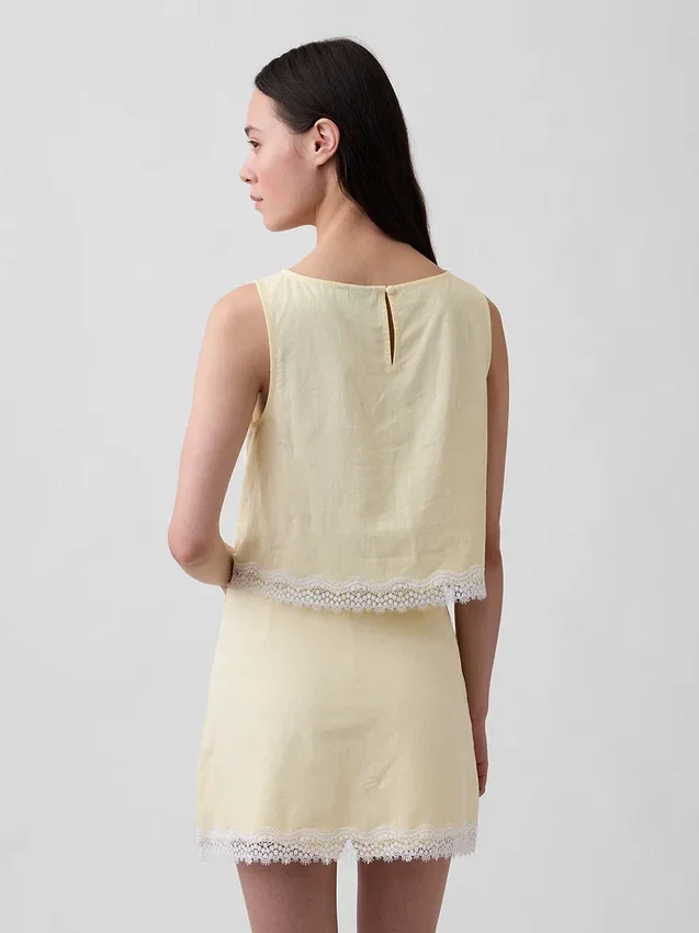 Linen-Blend Lace-Hem Crop Shell Top