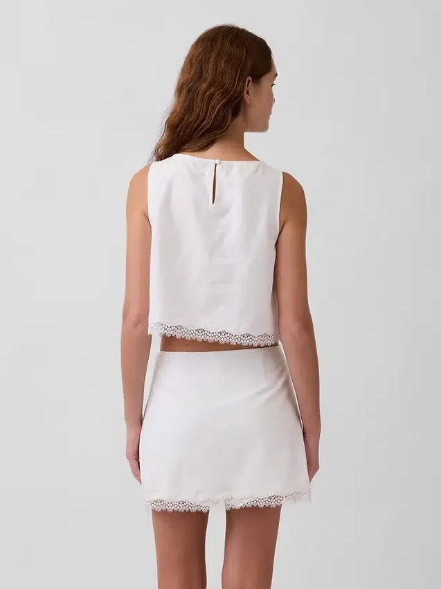 Linen-Blend Lace-Hem Crop Shell Top