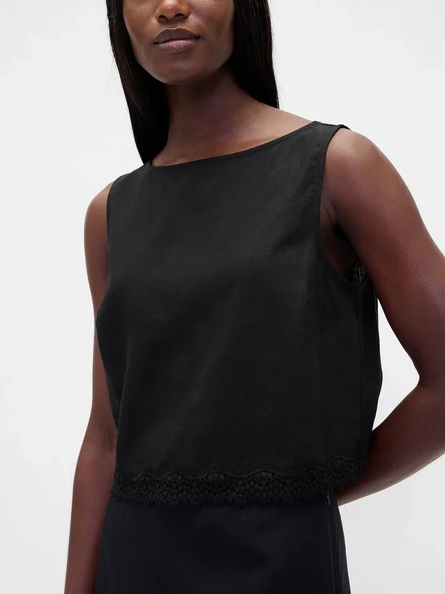 Linen-Blend Lace-Hem Crop Shell Top