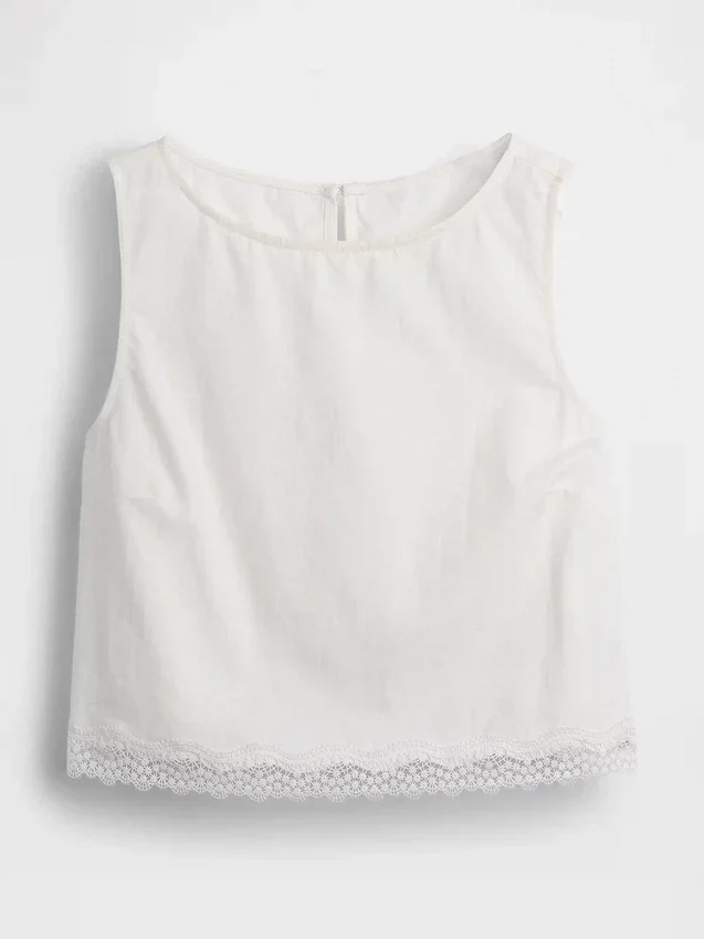 Linen-Blend Lace-Hem Crop Shell Top