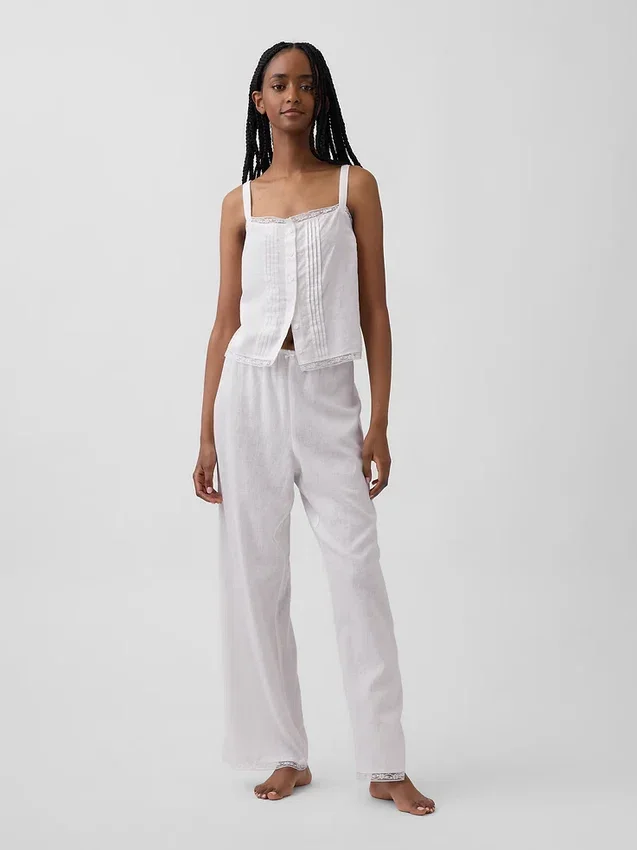 Linen-Blend Lace-Hem Pj Pants