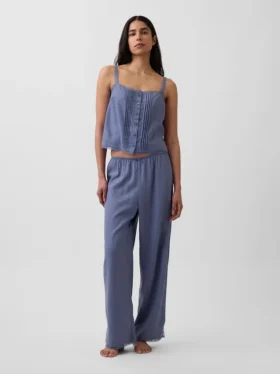 Linen-Blend Lace-Hem Pj Pants