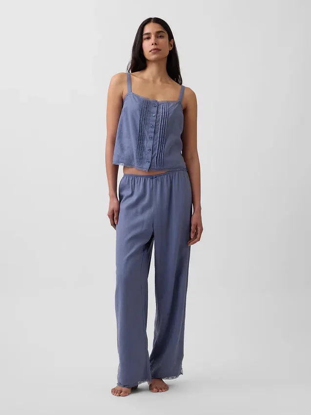 Linen-Blend Lace-Hem Pj Pants
