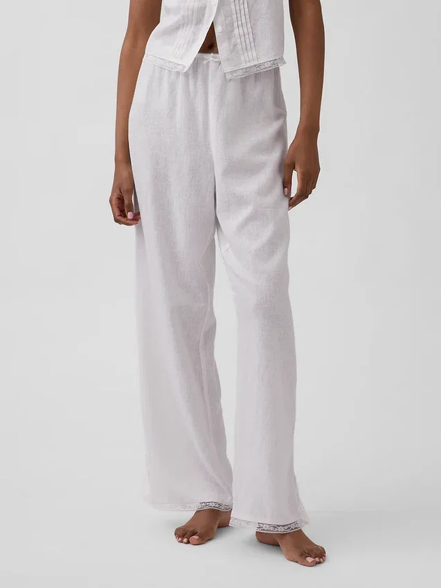 Linen-Blend Lace-Hem Pj Pants