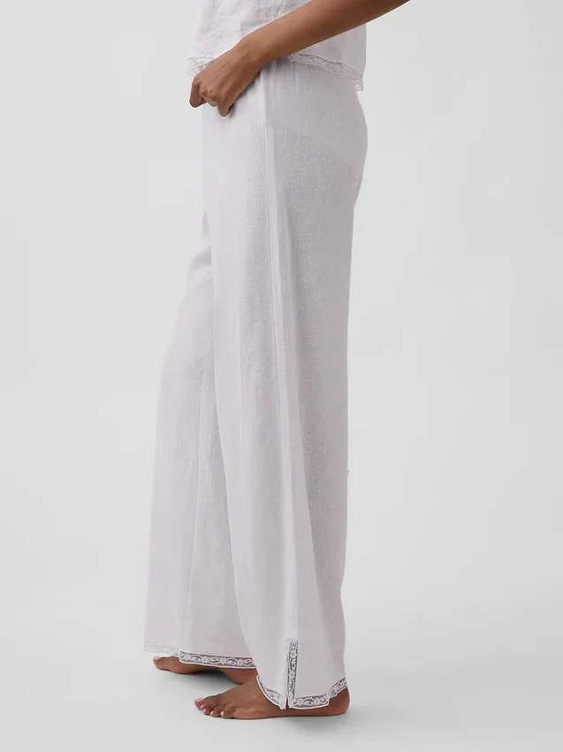 Linen-Blend Lace-Hem Pj Pants