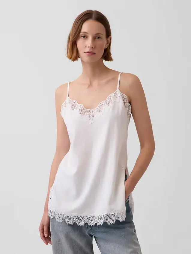 Linen-Blend Lace-Trim Cami