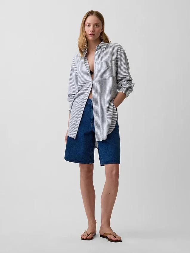 Linen-Blend Oversized Tunic Shirt