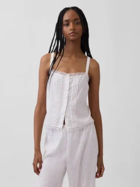 Linen-Blend Pintuck Crop Pj Tank Top