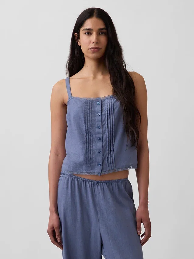 Linen-Blend Pintuck Crop Pj Tank Top