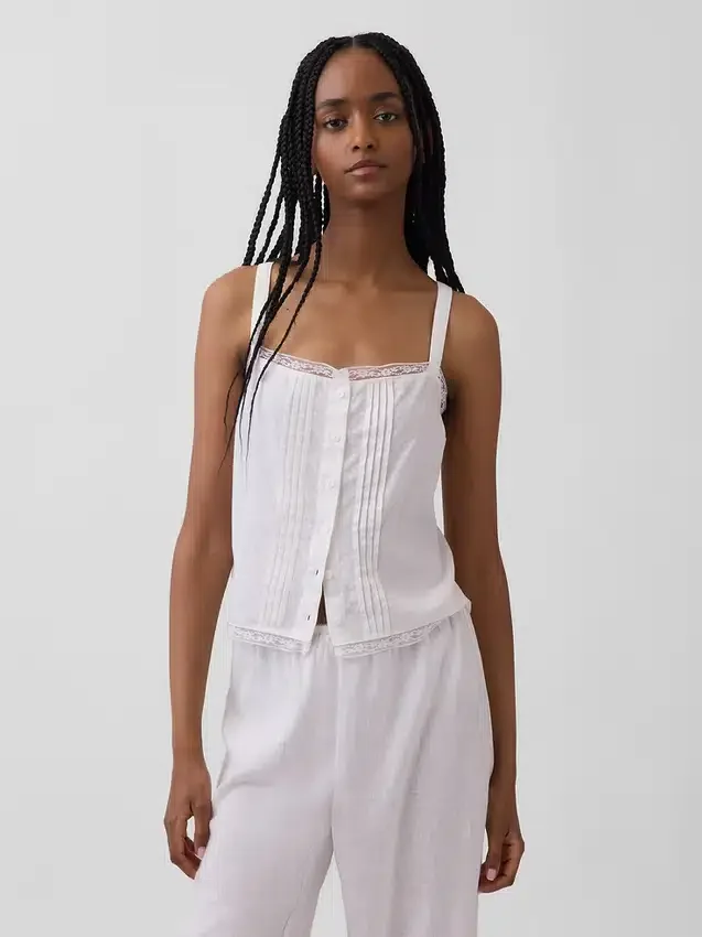 Linen-Blend Pintuck Crop Pj Tank Top