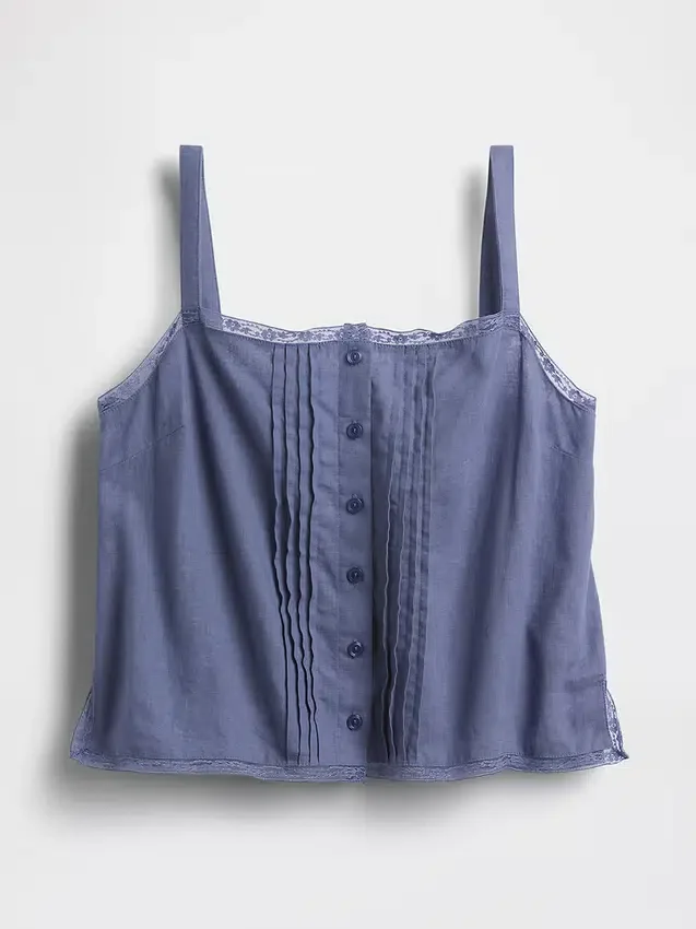 Linen-Blend Pintuck Crop Pj Tank Top