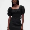 Linen-Blend Puff-Sleeve Crop Corset Top