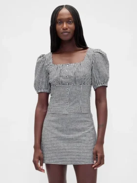Linen-Blend Puff-Sleeve Crop Corset Top