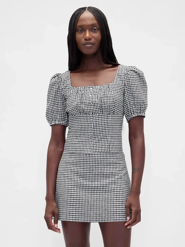 Linen-Blend Puff-Sleeve Crop Corset Top
