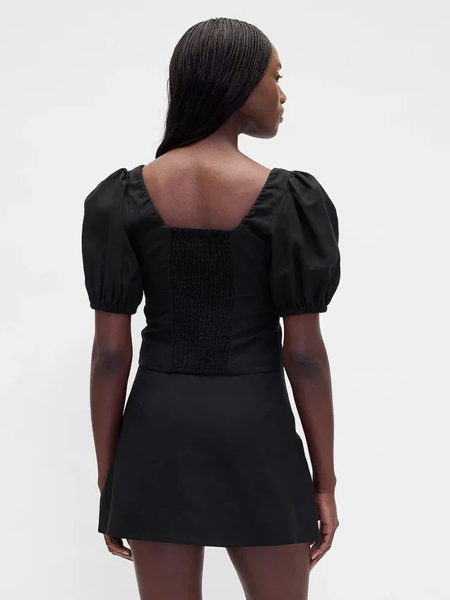 Linen-Blend Puff-Sleeve Crop Corset Top