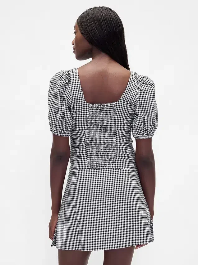 Linen-Blend Puff-Sleeve Crop Corset Top