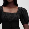 Linen-Blend Puff-Sleeve Crop Corset Top