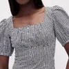 Linen-Blend Puff-Sleeve Crop Corset Top