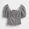 Linen-Blend Puff-Sleeve Crop Corset Top