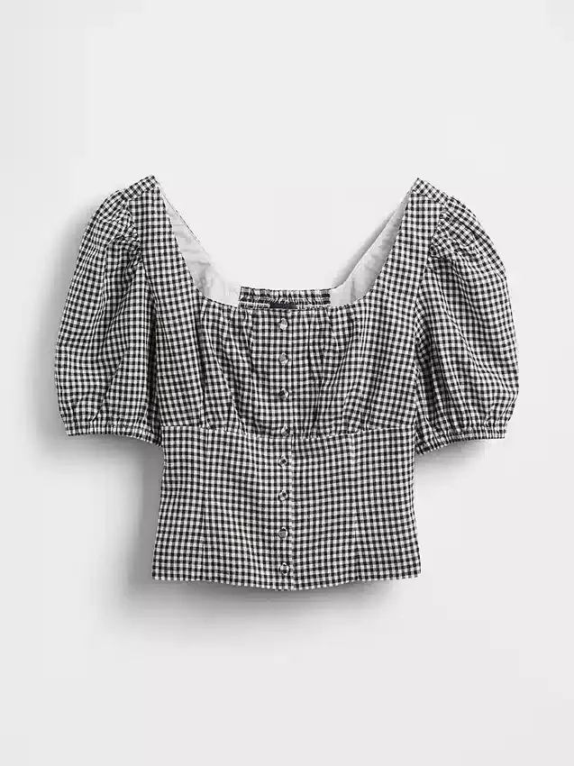 Linen-Blend Puff-Sleeve Crop Corset Top