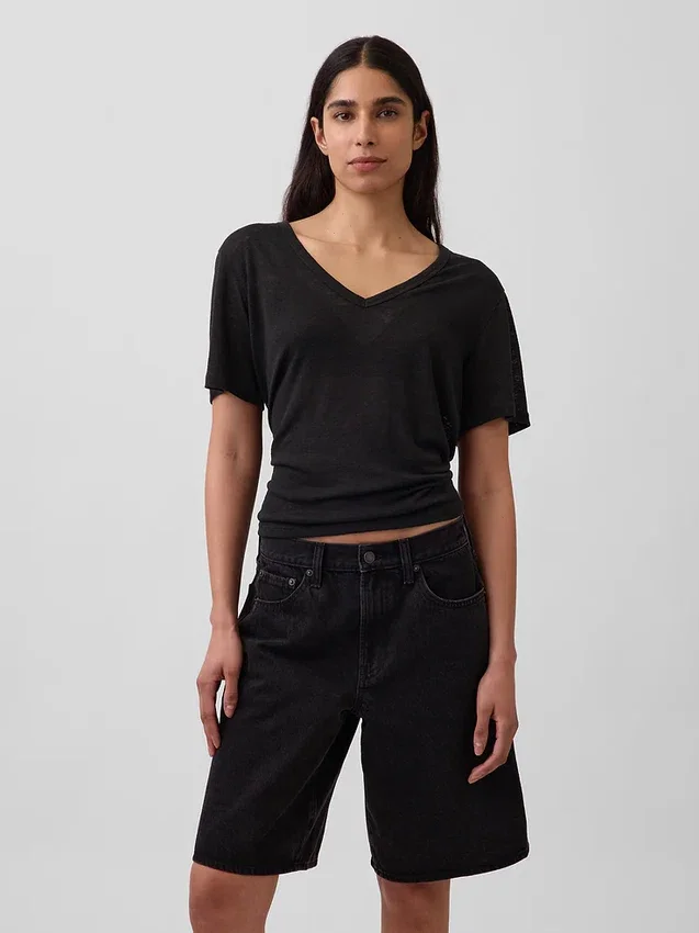 Linen-Blend Relaxed V-Neck T-Shirt