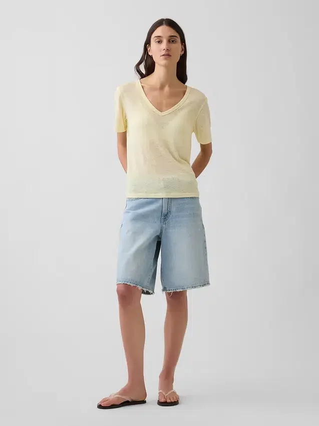 Linen-Blend Relaxed V-Neck T-Shirt