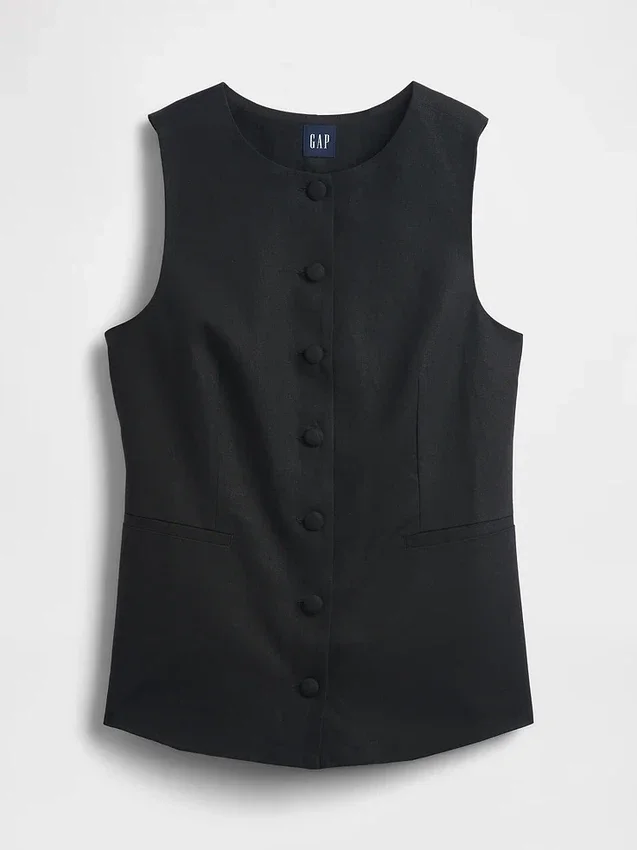 Linen-Blend Tie-Back Longline Vest