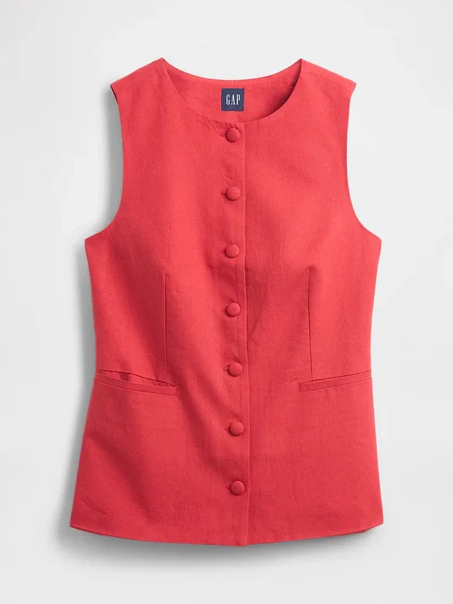 Linen-Blend Tie-Back Longline Vest