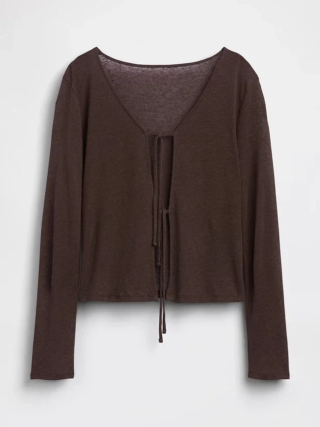 Linen-Blend Tie-Front Cardigan