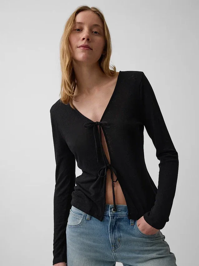 Linen-Blend Tie-Front Cardigan