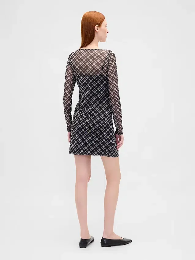 Mesh Boatneck Mini Dress