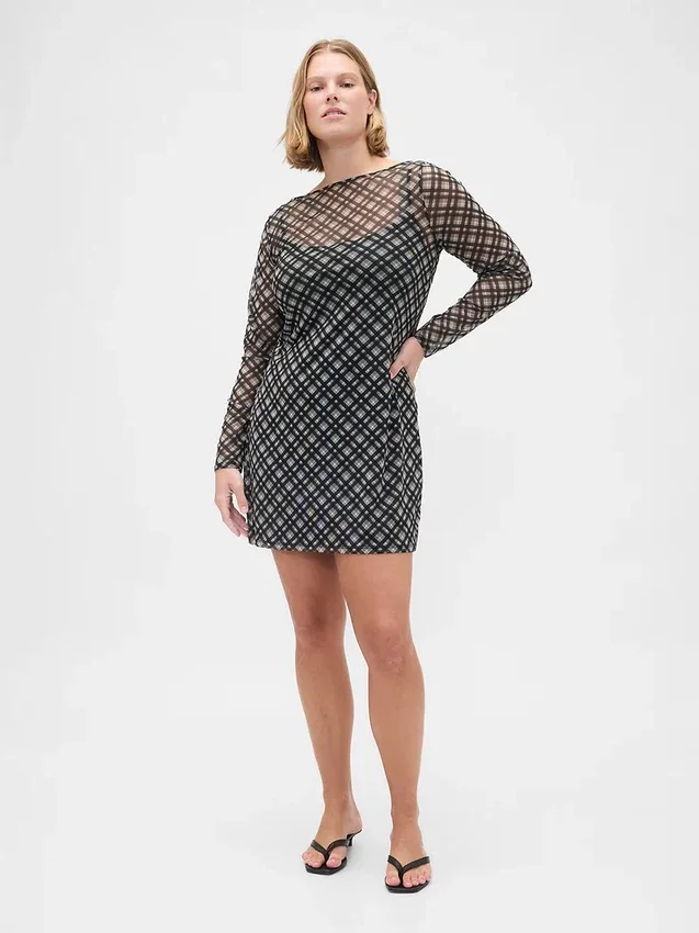 Mesh Boatneck Mini Dress