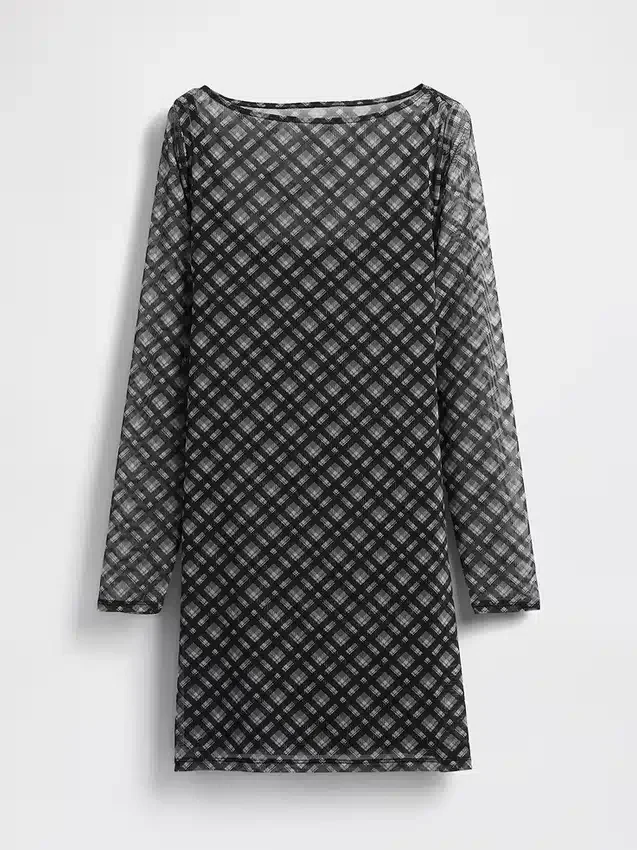 Mesh Boatneck Mini Dress