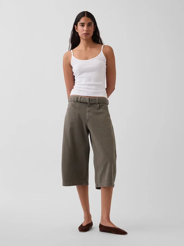 Mid Rise Belted Culotte Barrel Pants