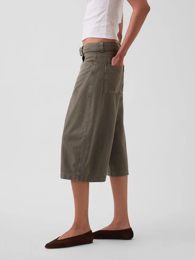 Mid Rise Belted Culotte Barrel Pants