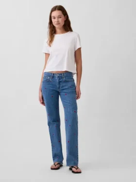 Mid Rise Embroidered Relaxed Straight Jeans