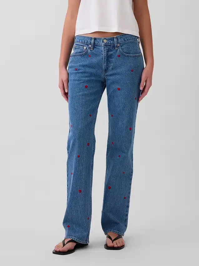 Mid Rise Embroidered Relaxed Straight Jeans