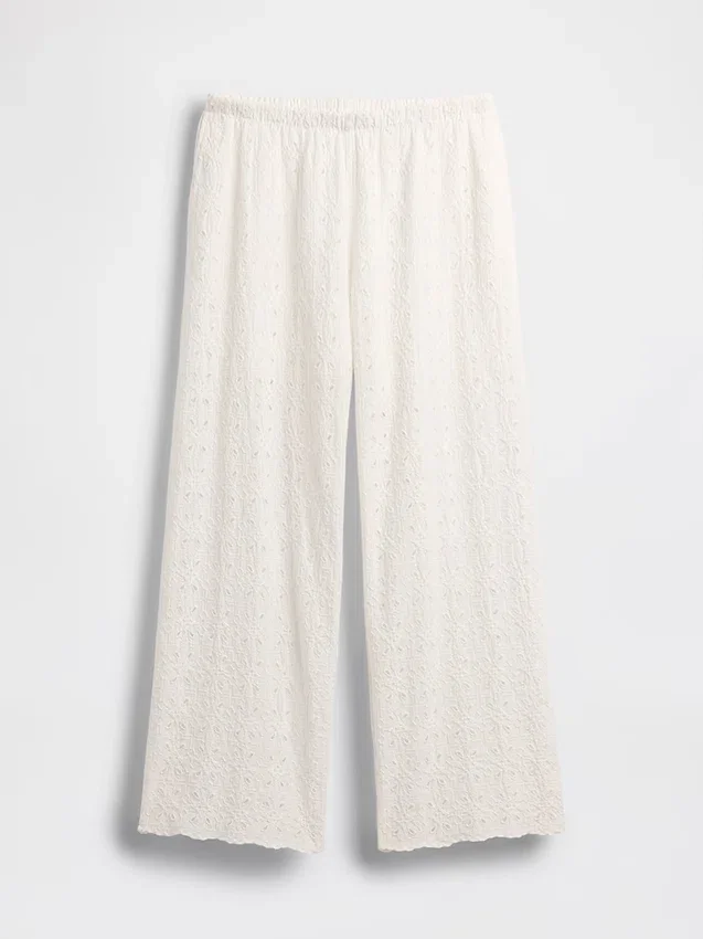 Mid Rise Eyelet Easy Wide-Leg Pants