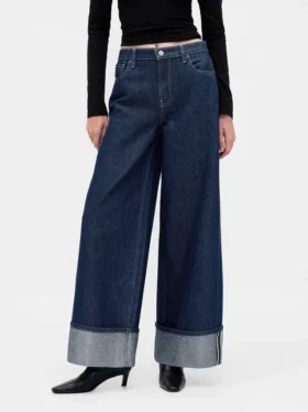 Mid Rise Metallic Cuffed Baggy Jeans