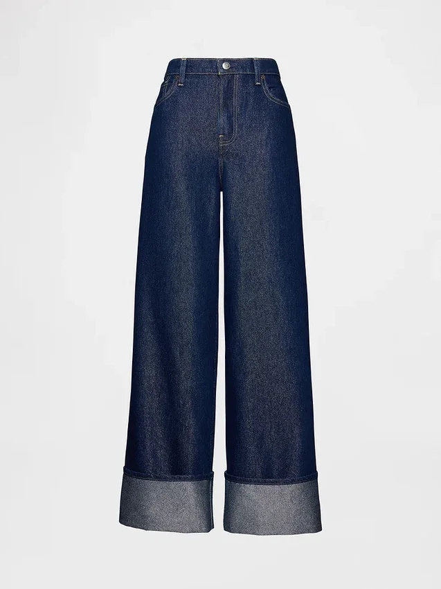 Mid Rise Metallic Cuffed Baggy Jeans